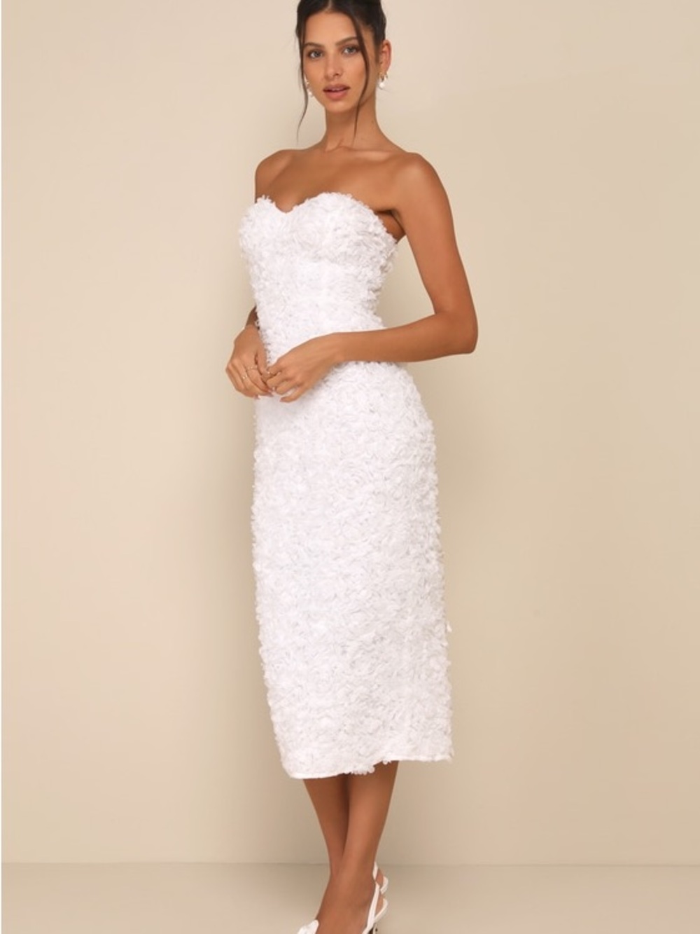 Lulus Gorgeous Mentality 3D Floral Strapless Midi Dress White - Picture 15 of 16